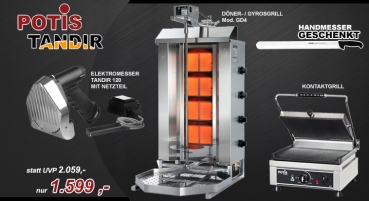 Paket Gyrosgrill GD4, Elektromesser Tandir 120 mit Netzteil, Kontaktgrill PK2600 + GRATIS GESCHENK